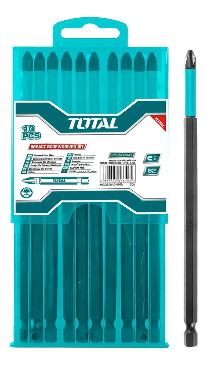 Juego De 10 Puntas Phillips Magnéticas Total Para Atornillador De Impacto 1/4'', PH2 200mm, Línea Industrial, Incluye Estuche Organizador - TACIM16PH285