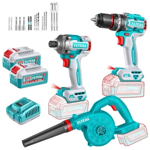 Kit Inalámbrico Total 20v: Atornillador Impacto 1/4'' + Percutor 86NM + Sopladora - Con 2 Baterías 4.0Ah Litio-Ion, Cargador 4A, Mechas Y Puntas - TOSLI250883