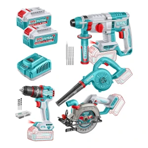 Kit Inalámbrico Total 20v: Atornillador Percutor + Rotomartillo + Sierra Circular + Soplador - Con 2 Baterías 4.0ah + Cargador Rápido 4A - TOSLI250695
