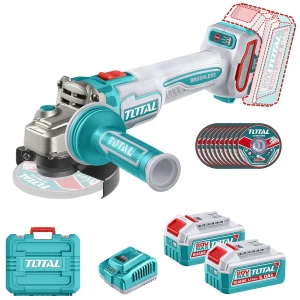 Amoladora Inalámbrica Total 20v Industrial - Sin Carbones 1200w - 4.1/2 Pulgadas, 115mm, Mango Antivibración - Con 2 Baterías 5.0ah Litio-ion, Cargador, Maletín Y Discos - Tagli2120252