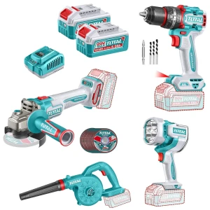 Kit Inalámbrico Total 20v: Atornillador Percutor + Amoladora + Foco + Soplador - Con 2 Baterías 4.0ah + Cargador Rápido 4a - Tosli250993