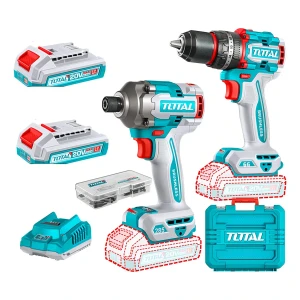 Kit Inalámbrico Total 20v Sin Carbones : Atornillador Impacto 1/4'' 285NM + Percutor 66NM - Con 2 Baterías 2.0Ah Litio-Ion, Cargador, Maletín, Dados Y Puntas - TCKLI20277