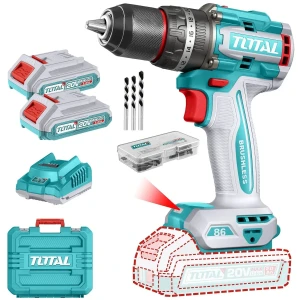 Taladro Percutor Y Atornillador Inalámbrico Total 20v, Industrial, Motor Sin Carbones - Mandril 13mm, 86nm - Con 2 Baterías Litio-ion, Cargador 2a, Maletín, Mechas Y Puntas - Tidli208687