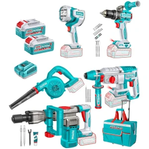 Kit Inalámbrico Total 20v: Atornillador Percutor + Rotomartillo + Demoledor + Foco + Soplador - Con 2 Baterías 4.0ah + Cargador Rápido 4a - Tosli251083