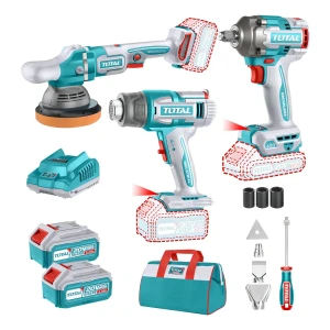 Kit Inalámbrico Total 20v: Llave Impacto 1/2'' 400NM + Lustra Pulidora 6 Pulgadas, 150mm + Pistola De Calor 30-550℃ - Con 2 Baterías 5.0Ah Litio-Ion, Cargador, Accesorios Y Bolso - TOSLI240863