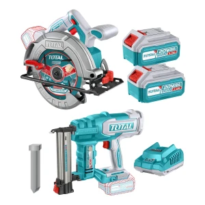 Kit Inalámbrico Total 20v: Sierra Circular, Motor Sin Carbones, 7.1/4'' 185mm + Clavadora Para Madera - Con 2 Baterías 5.0Ah Litio-Ion, Cargador, Disco Y 1000 Clavos 35mm - TOSLI240866